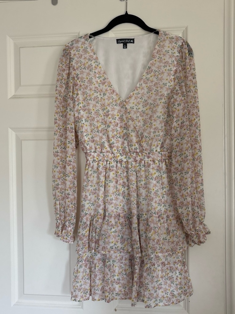 Crystal Doll Pastel Floral V-Neck Long Sleeve Dress
